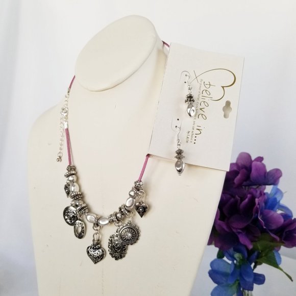L&J Believe in Charm Necklace Earring Set Pink & Silver - Picture 2 of 13
